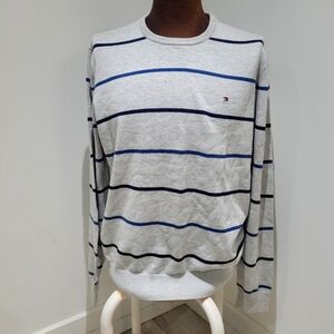 Tommy Hilfiger Men's Striped Cotton Sweater Large Grey Blue Preppy Timeless NEW